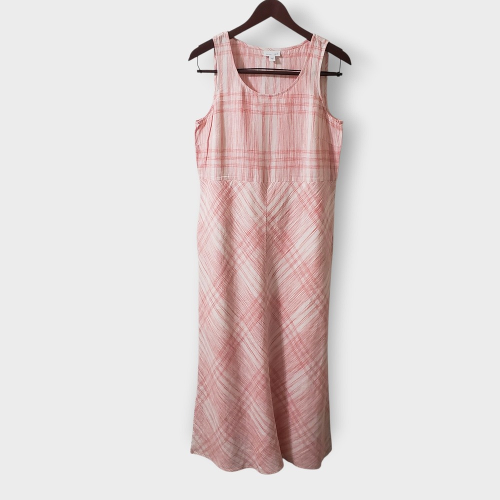J. Jill Love Linen Pink‎ White Plaid Sleeveless Maxi Dress Small Pockets